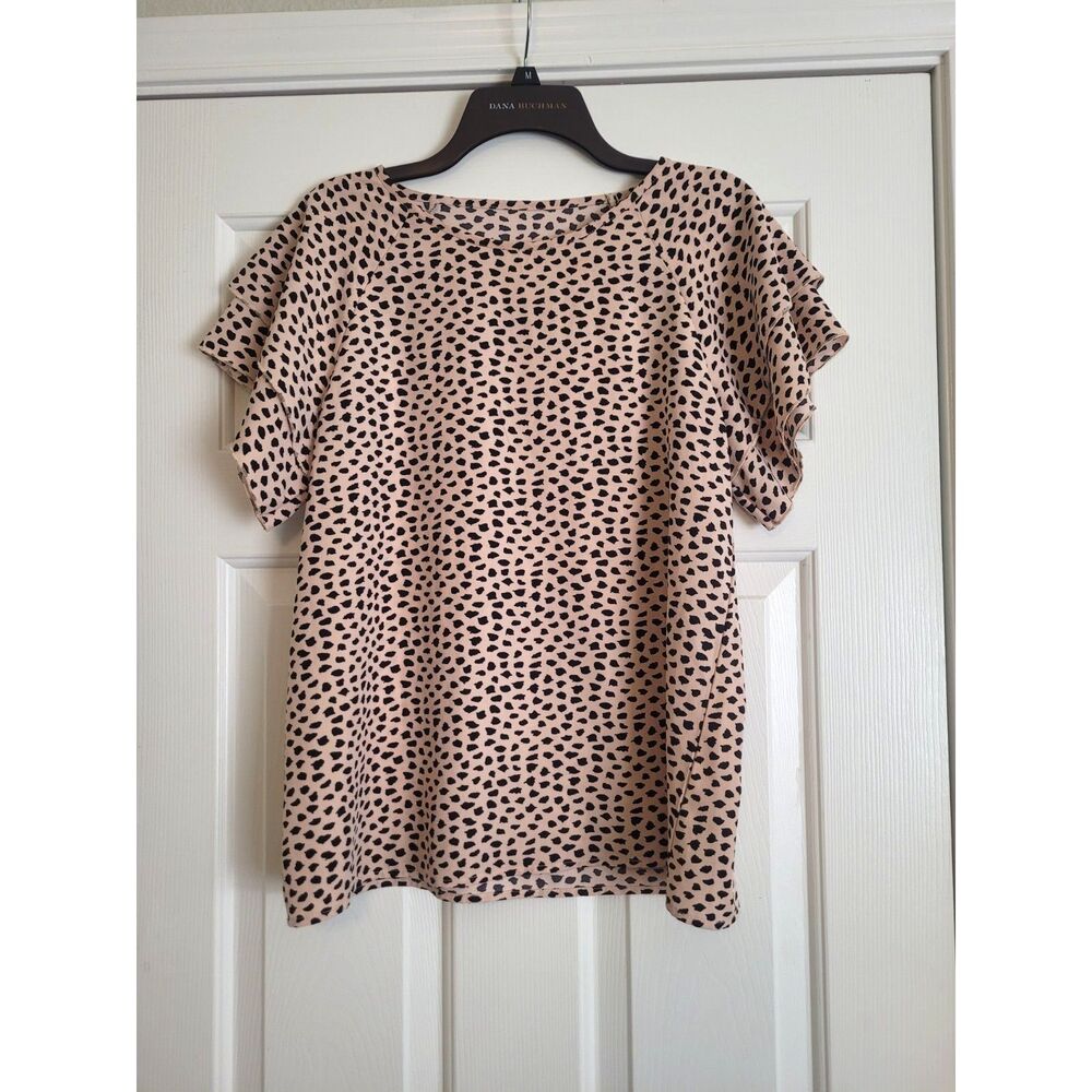 Women's Flutter Sleeve Animal Print Blouse Tan Black Size M Casual Top